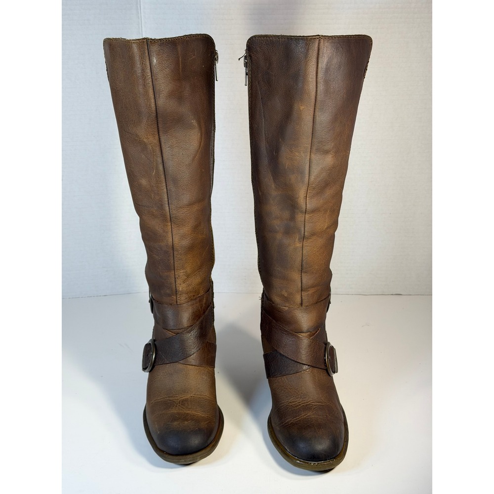 Born Crown Brown Leather Tall Knee High Buckle Moto Boots Block Heel Womens 8